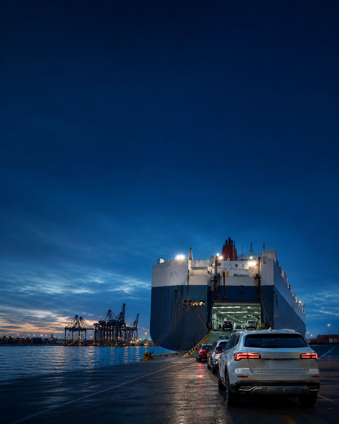 Korean used cars lined up for worldwide shipping at a car carrier port